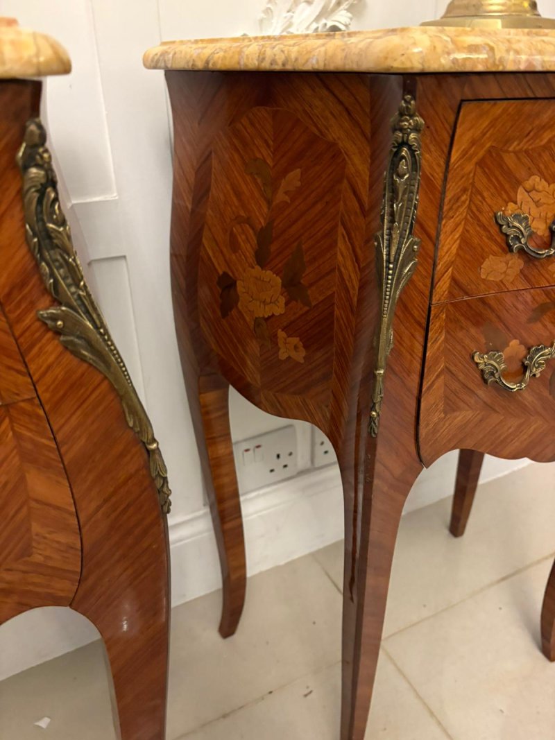 Antique Quality Pair of French Louis XV Style Marquetry Bedside Cabinets
